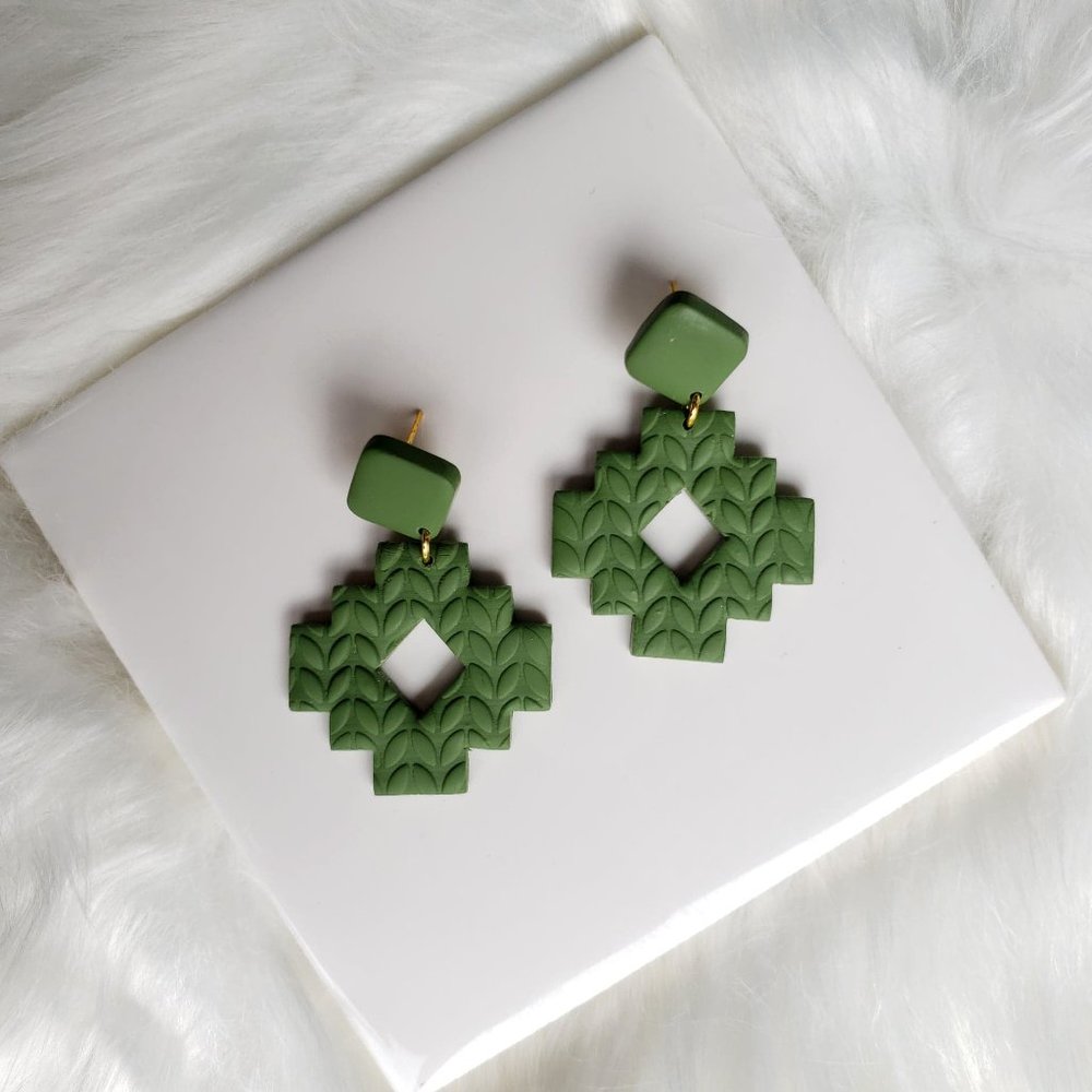 NEW! Olive Green Aztec Earrings with Free Studs